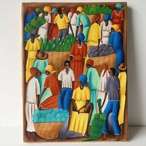 Vintage Original Signed J Pierre Haitian Market Scene Folk Art Painting Canvas